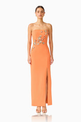 Solae Column Gown in Orange with floral appliques and front slit front shot