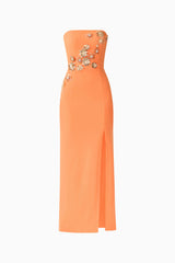 Solae Column Gown in Orange with floral appliques and front slit ghost shot