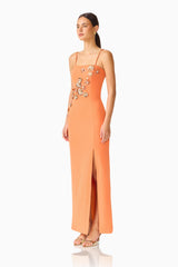 Solae Column Gown in Orange with floral appliques and front slit side shot