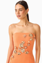 Solae Column Gown in Orange with floral appliques and front slit clsoe up shot