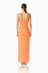 Solae Column Gown in Orange with floral appliques and front slit back shot