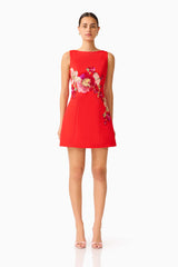 Fleurisca Embroidered Mini Dress in Scarlet Red with boat neckline &  fit and flare silhouette front shot