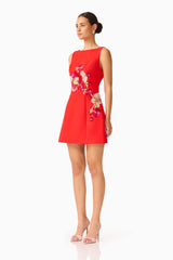 Fleurisca Embroidered Mini Dress in Scarlet Red with boat neckline &  fit and flare silhouette side shot