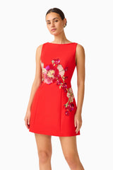 Fleurisca Embroidered Mini Dress in Scarlet Red with boat neckline &  fit and flare silhouette close up shot