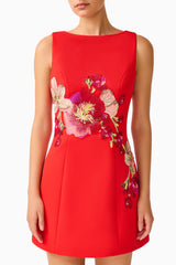 Fleurisca Embroidered Mini Dress in Scarlet Red with boat neckline &  fit and flare silhouette detail shot