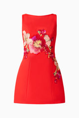 Fleurisca Embroidered Mini Dress in Scarlet Red with boat neckline &  fit and flare silhouette ghost shot