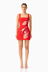 Fleurisca Embroidered Mini Dress in Scarlet Red with Square Neckline front shot