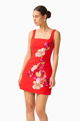 Fleurisca Embroidered Mini Dress in Scarlet Red with Square Neckline close up shot