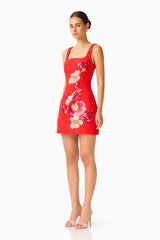 Fleurisca Embroidered Mini Dress in Scarlet Red with Square Neckline side shot