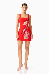 Fleurisca Embroidered Mini Dress in Scarlet Red with Square Neckline posed shot