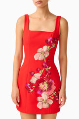 Fleurisca Embroidered Mini Dress in Scarlet Red floral embroidery detail shot