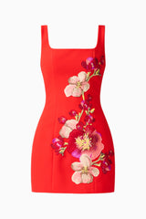 Fleurisca Embroidered Mini Dress in Scarlet Red with floral embroidery ghost shot
