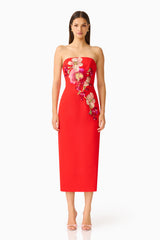 Fleurisca Embroidered Midi Dress in Scarlet Red with floral embriodery front shot