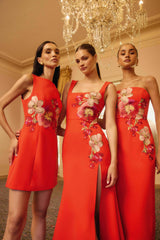 Model wears the Fleurisca Embroidered Midi Dress in Scarlet Red with to races day