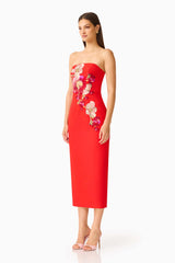 Fleurisca Embroidered Midi Dress in Scarlet Red with floral embriodery side shot