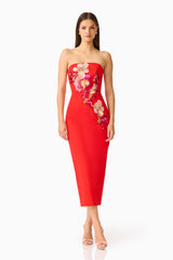 Fleurisca Embroidered Midi Dress in Scarlet Red with floral embriodery posed shot