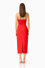 Fleurisca Embroidered Midi Dress in Scarlet Red with zipper back shot