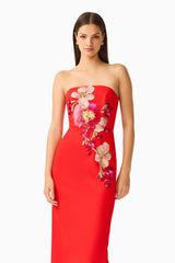 Fleurisca Embroidered Midi Dress in Scarlet Red with floral embriodery close up shot