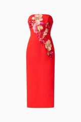 Fleurisca Embroidered Midi Dress in Scarlet Red with floral embriodery ghost shot