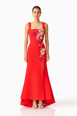Fleurisca Embroidered Gown in Scarlet Red with front slit and square neckline front shot