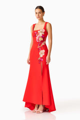 Fleurisca Embroidered Gown in Scarlet Red with front slit and square neckline side shot