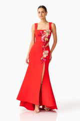 Fleurisca Embroidered Gown in Scarlet Red with front slit and square neckline posed shot