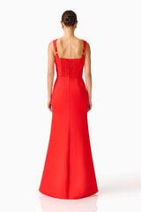Fleurisca Embroidered Gown in Scarlet Red with front slit and square neckline back shot