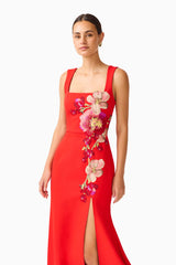Fleurisca Embroidered Gown in Scarlet Red with front slit and square neckline close up shot