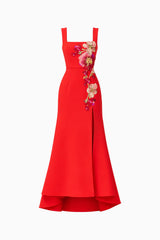 Fleurisca Embroidered Gown in Scarlet Red with front slit and square neckline ghost shot
