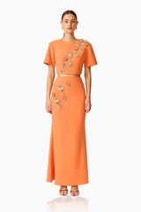 Solae Floral Top & Skirt Set in Orange with metal flower trim front shot
