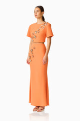 Solae Floral Top & Skirt Set in Orange with metal flower trim side shot