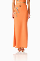 Solae Floral Top & Skirt Set in Orange with metal flower trim skirt detail shot