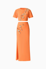 Solae Floral Top & Skirt Set in Orange with metal flower trim ghost shot
