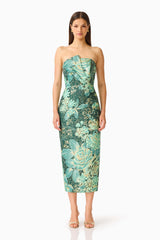 Meliora Column Midi Dress in Green Floral with floral jacquard fabrication & strapless neckline front shot