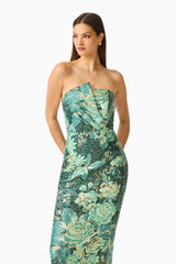 Meliora Column Midi Dress in Green Floral with floral jacquard fabrication & strapless neckline close up shot
