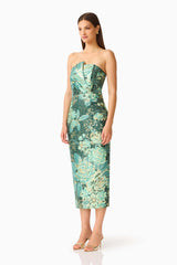 Meliora Column Midi Dress in Green Floral with floral jacquard fabrication & strapless neckline side shot