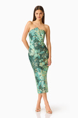 Meliora Column Midi Dress in Green Floral with floral jacquard fabrication & strapless neckline posed shot