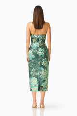 Meliora Column Midi Dress in Green Floral with back zipper & back shirring & back slit  back shot