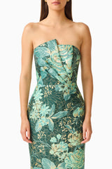 Meliora Column Midi Dress in Green Floral with floral jacquard fabrication & strapless neckline detail shot