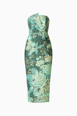 Meliora Column Midi Dress in Green Floral with floral jacquard fabrication & strapless neckline ghost shot