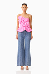 Orelia Pleated Top in Candy Pink strapless with ruffle detail front shot