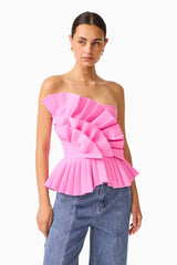 Orelia Pleated Top in Candy Pink strapless with ruffle detail close up shot