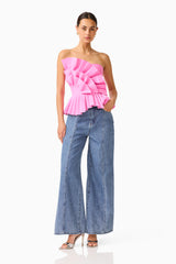 Orelia Pleated Top in Candy Pink strapless with ruffle detail posed shot