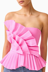 Orelia Pleated Top in Candy Pink strapless with ruffle detail shot