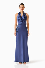 Florea Cowl Neck Gown in Navy with halter neck and 3D floral embroidery front shot