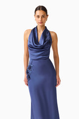Florea Cowl Neck Gown in Navy with halter neck and 3D floral embroidery close up shot