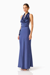 Florea Cowl Neck Gown in Navy with halter neck and 3D floral embroidery side shot