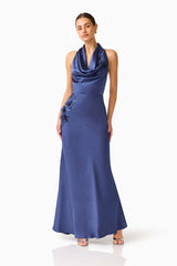 Florea Cowl Neck Gown in Navy with halter neck and 3D floral embroidery posed shot