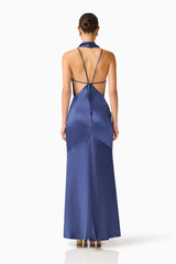 Florea Cowl Neck Gown in Navy with halter neck and criss cross back shot