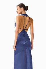Florea Cowl Neck Gown in Navy with halter neck criss cross back side shot